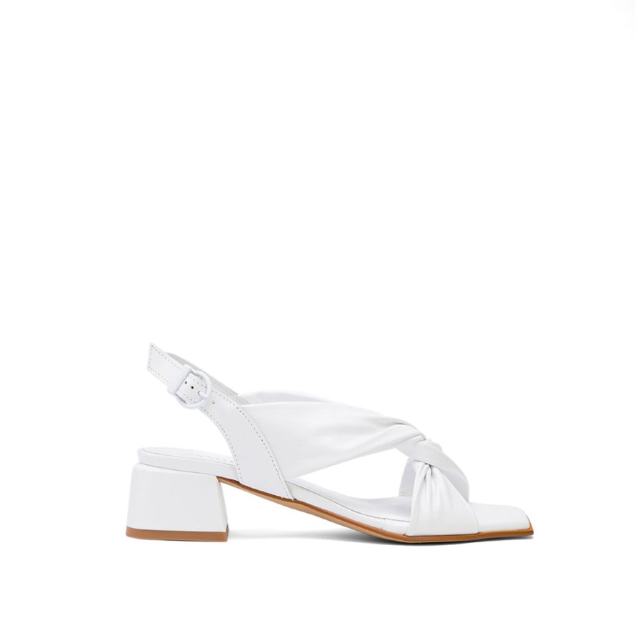 Heels MARLINNA | White Leather Chunky Heeled Sandals With Twist Knot