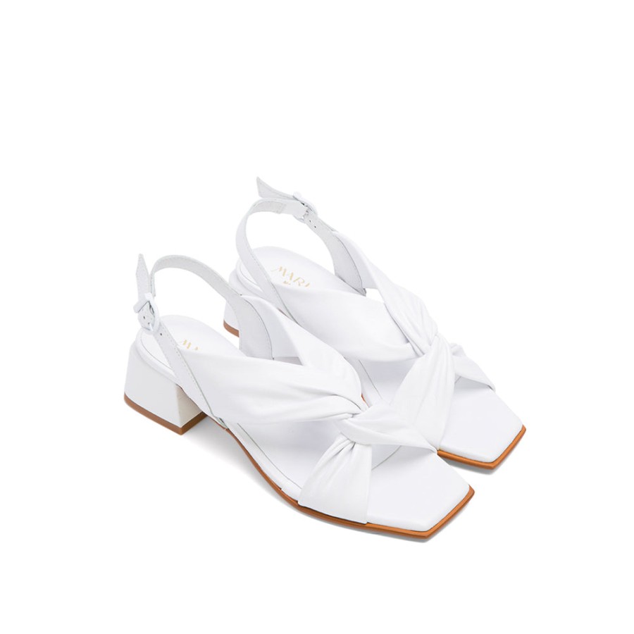 Heels MARLINNA | White Leather Chunky Heeled Sandals With Twist Knot