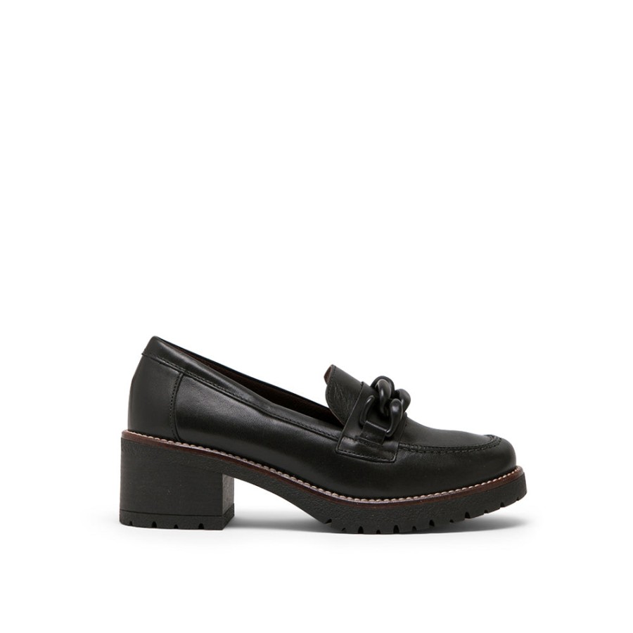 Shoes PITILLOS | Black Leather Mid-Heel Loafers With Chain Detail