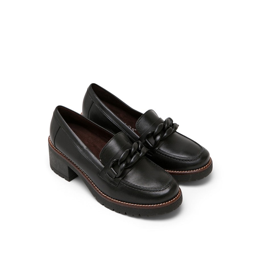 Shoes PITILLOS | Black Leather Mid-Heel Loafers With Chain Detail