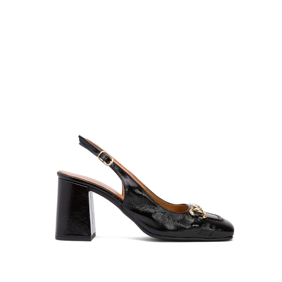 Heels DANIELA VEGA | Black Leather Slingback Loafer Pumps With Chain-Embellished