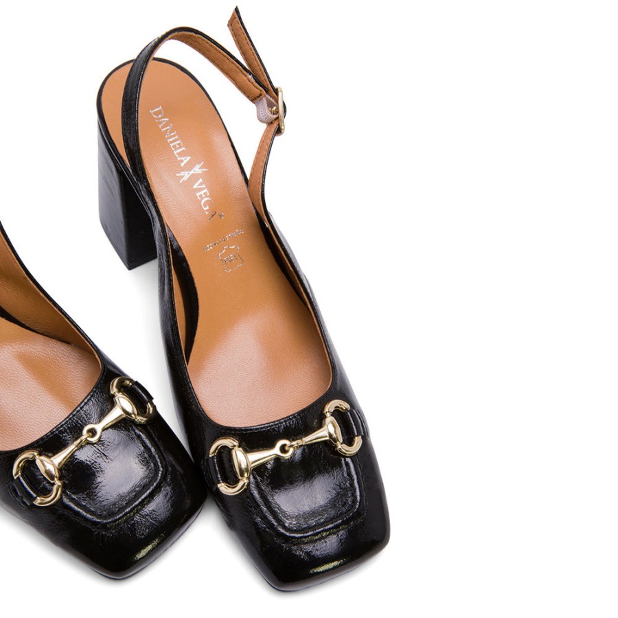 Heels DANIELA VEGA | Black Leather Slingback Loafer Pumps With Chain-Embellished