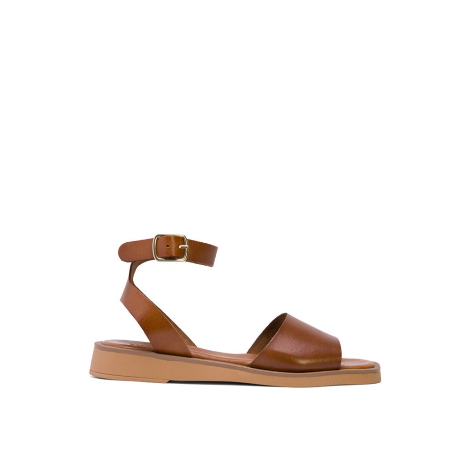 Sandals MISWEAR | Brown Leather Flat Sandals With Buckle Up