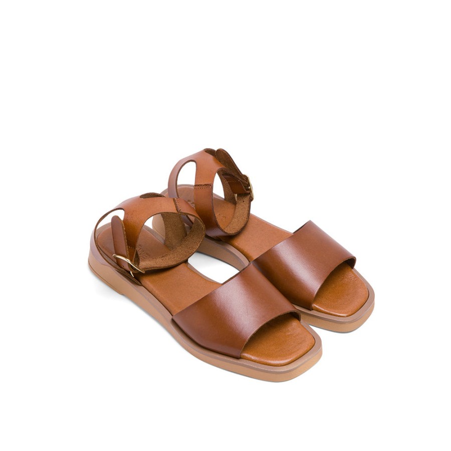 Sandals MISWEAR | Brown Leather Flat Sandals With Buckle Up