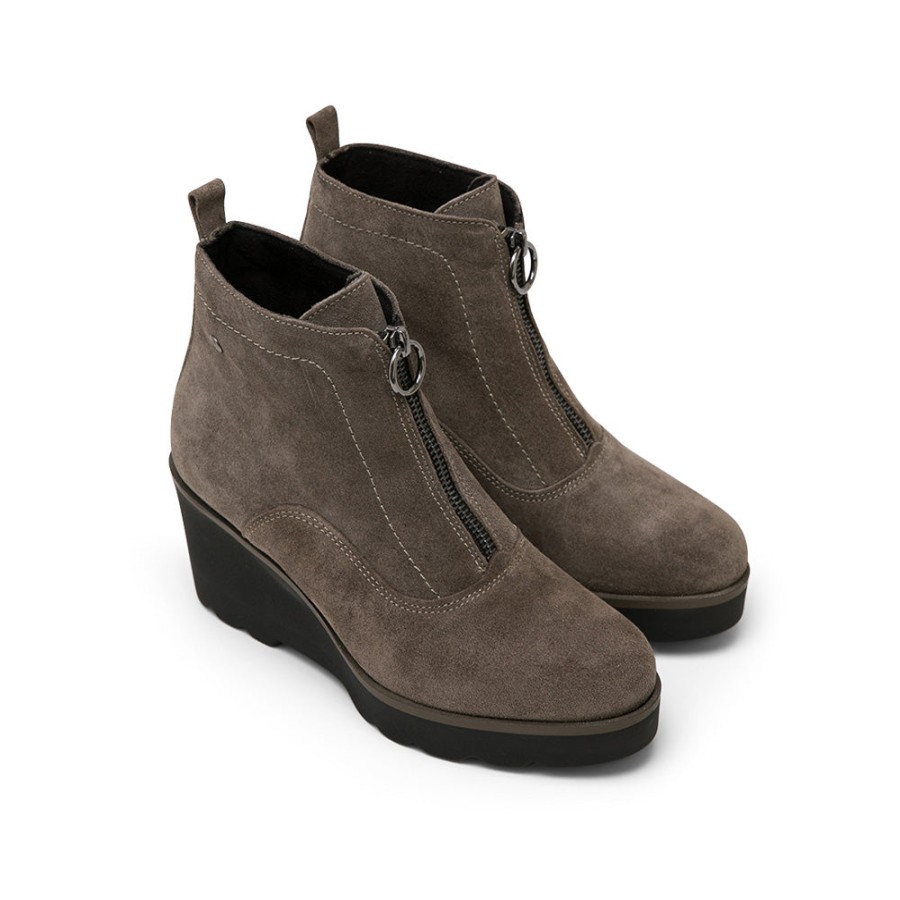 Ankle Boots MISWEAR | Gray Suede Wedge Ankle Boots With Front Zip