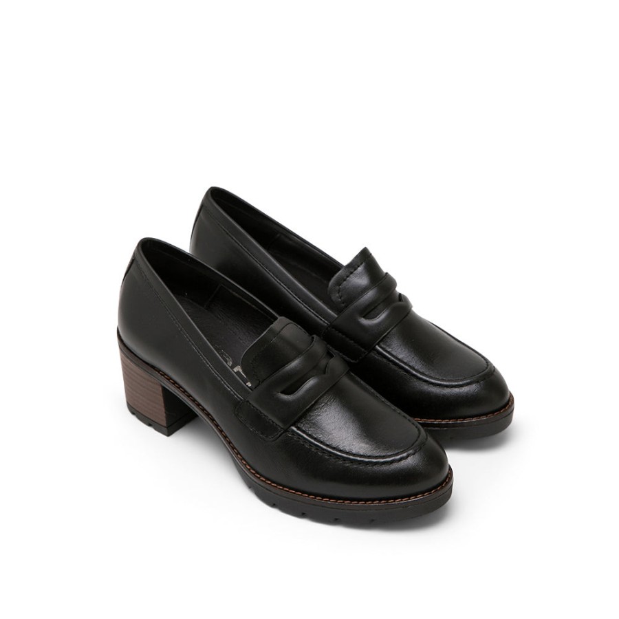 Heels DESIREE | Black Leather Mid Heel Loafers