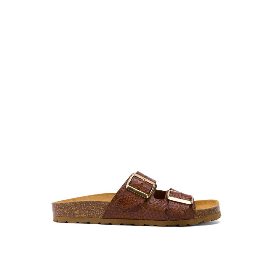 Sandals MISWEAR | Brown Leather Slide Sandals With Croc-Embossed