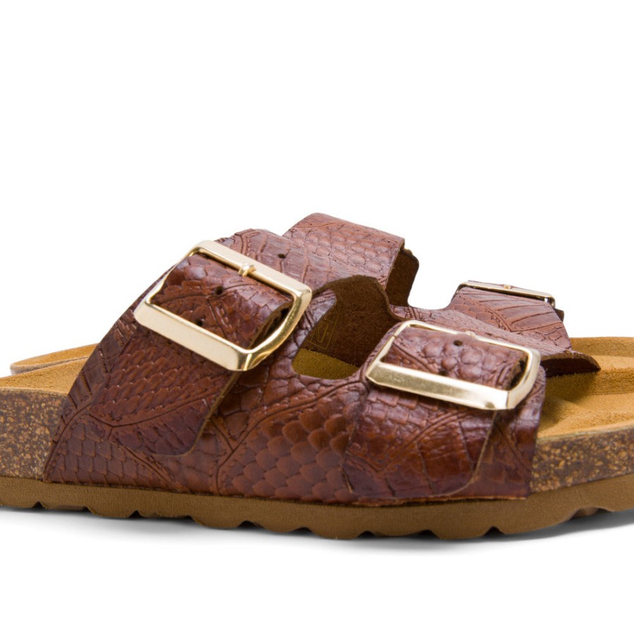 Sandals MISWEAR | Brown Leather Slide Sandals With Croc-Embossed