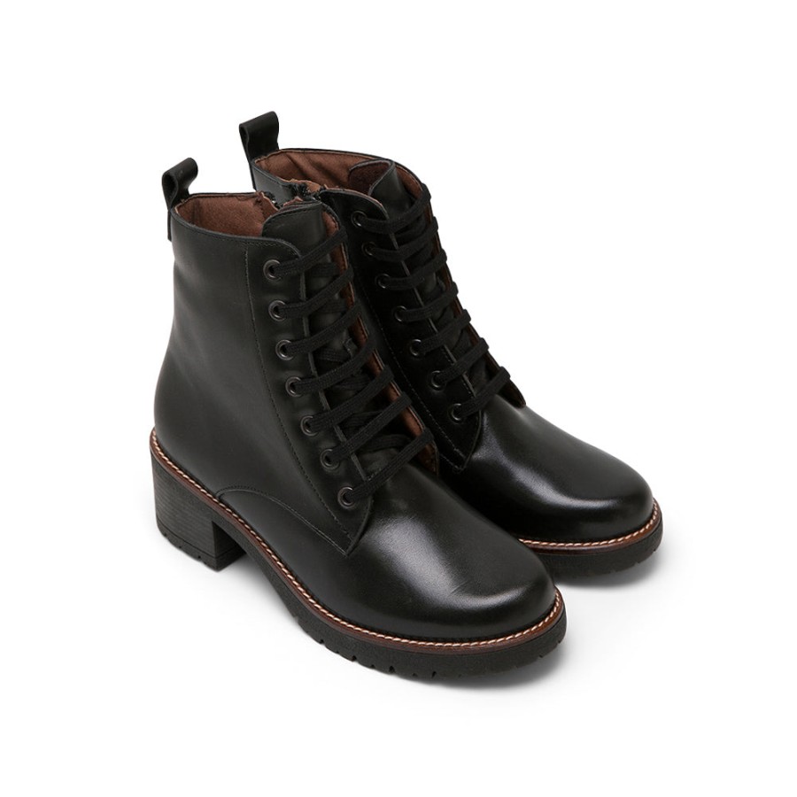 Ankle Boots PITILLOS | Black Leather Mid-Heel Combat Boots