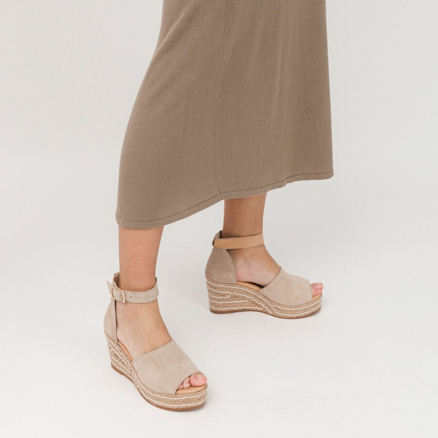 Sandals MISWEAR | Beige Leather Wedge Espadrilles With Buckle Up