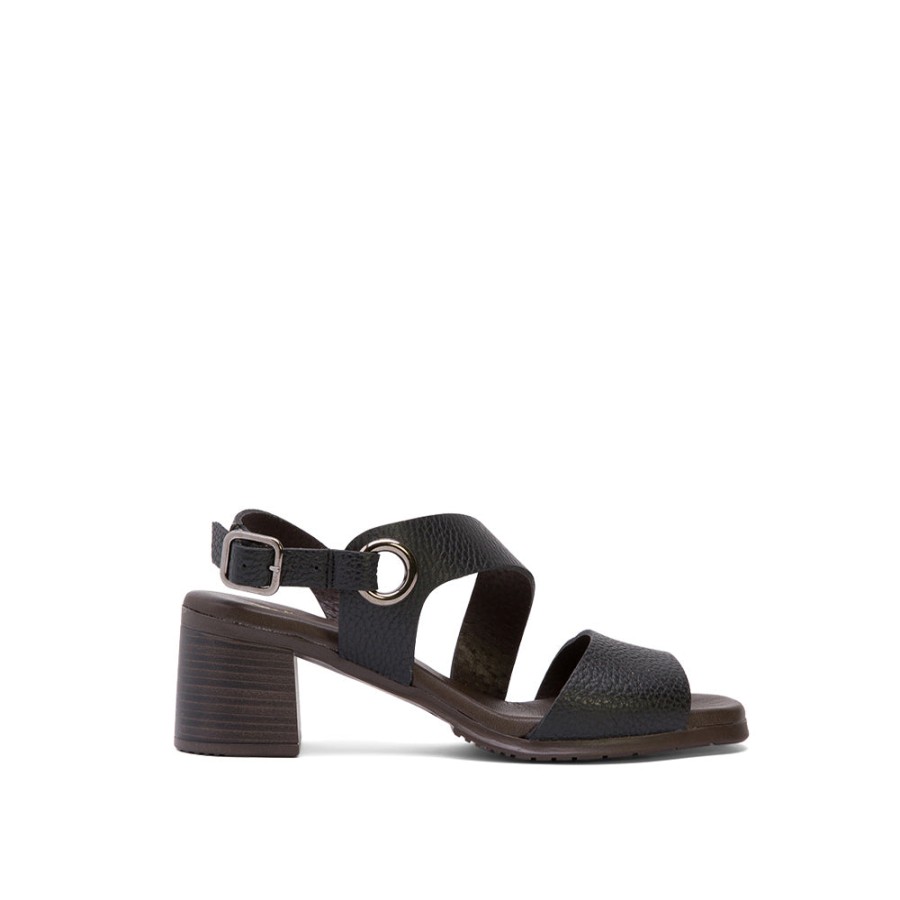 Heels MISWEAR | Black Leather Heeled Sandals With Asymmetrical Strap