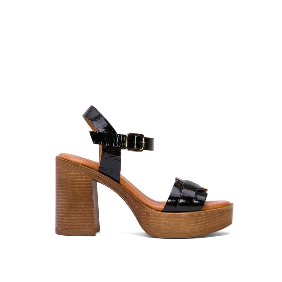 Heels MISWEAR | Black Leather Block Heel Sandals With Braided Strap