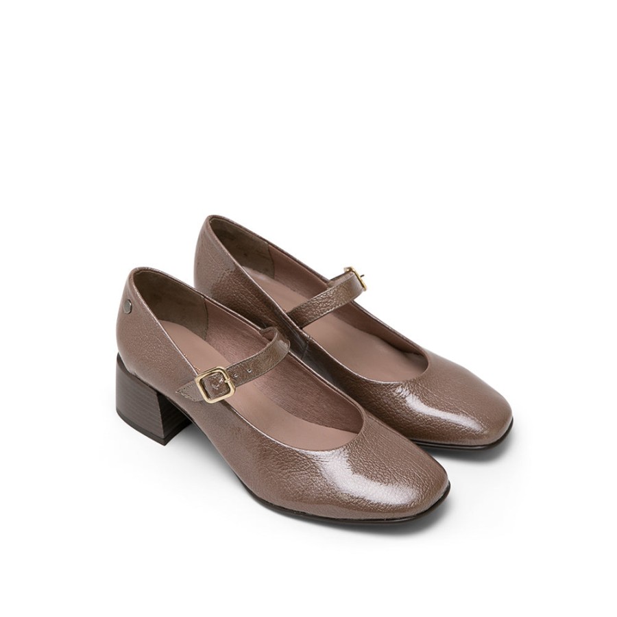 Heels MISWEAR | Light Brown Leather Mary Jane With Chunky Heel