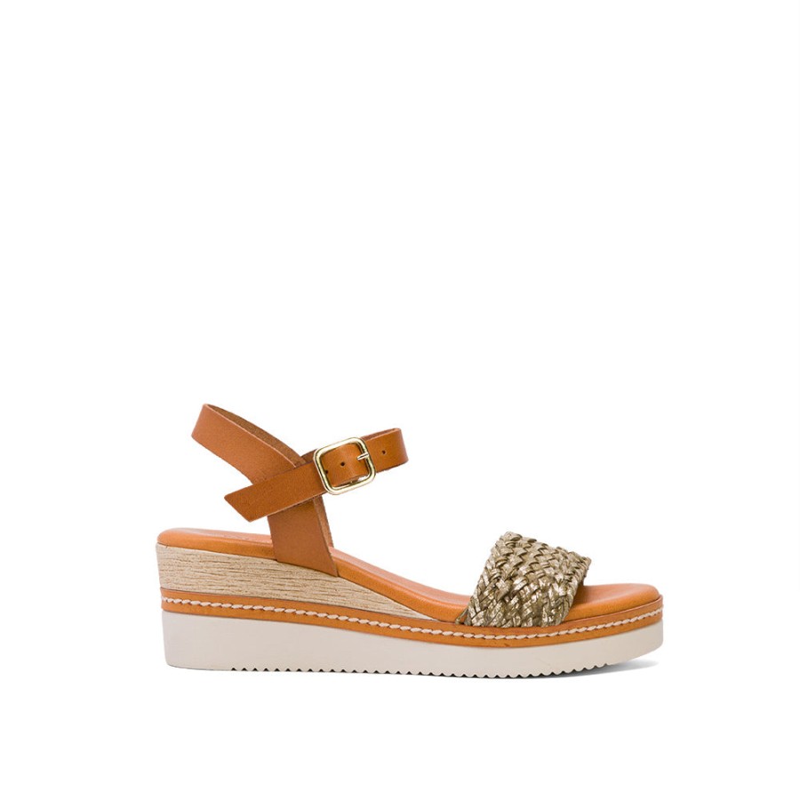 Sandals MISWEAR | Khaki Leather Wedge With Braided Embossed