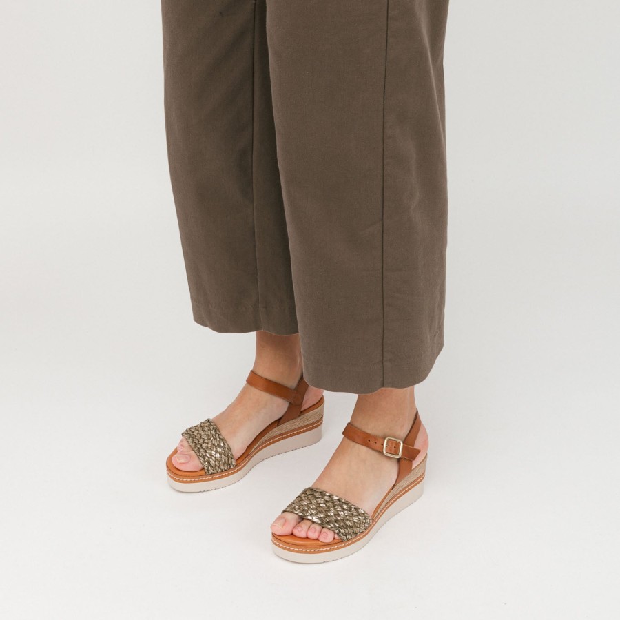 Sandals MISWEAR | Khaki Leather Wedge With Braided Embossed