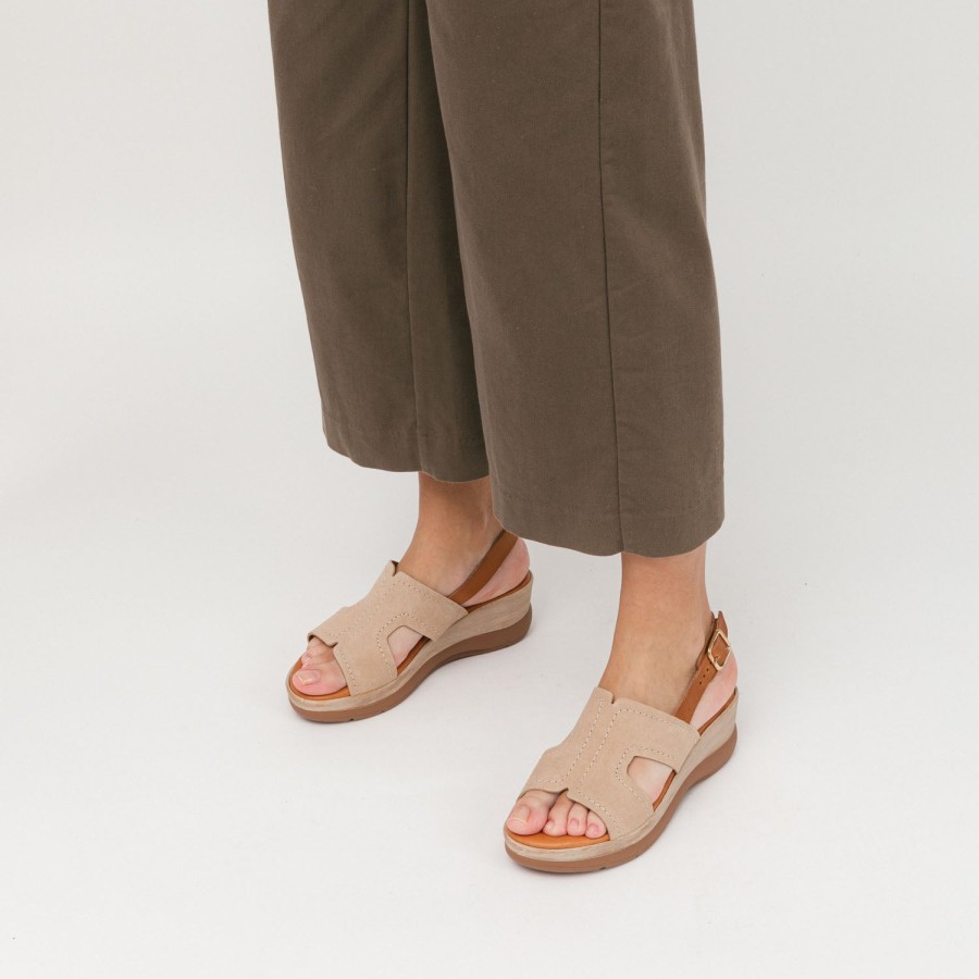 Sandals MISWEAR | Beige Leather Wedge With Stitch Detail