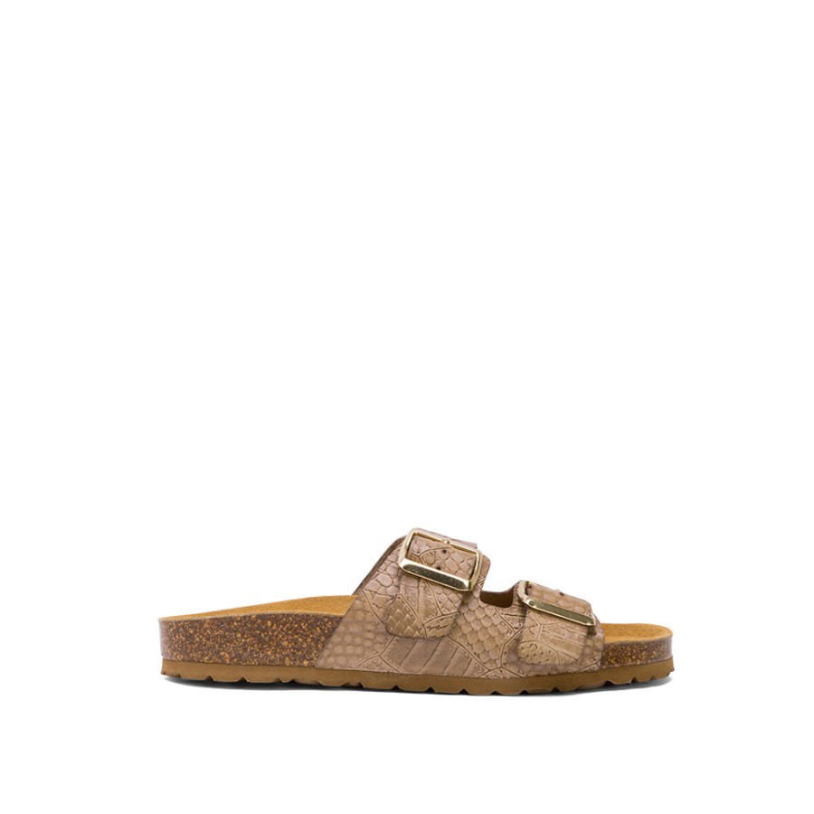 Sandals MISWEAR | Beige Leather Slide Sandals With Croc-Embossed