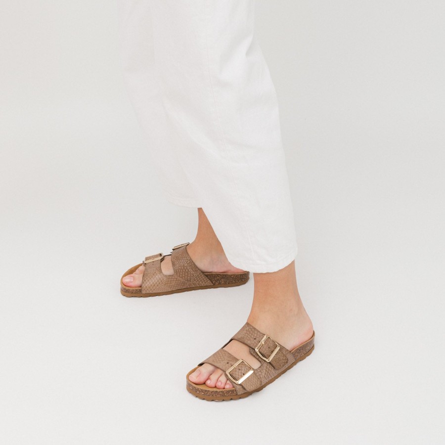 Sandals MISWEAR | Beige Leather Slide Sandals With Croc-Embossed