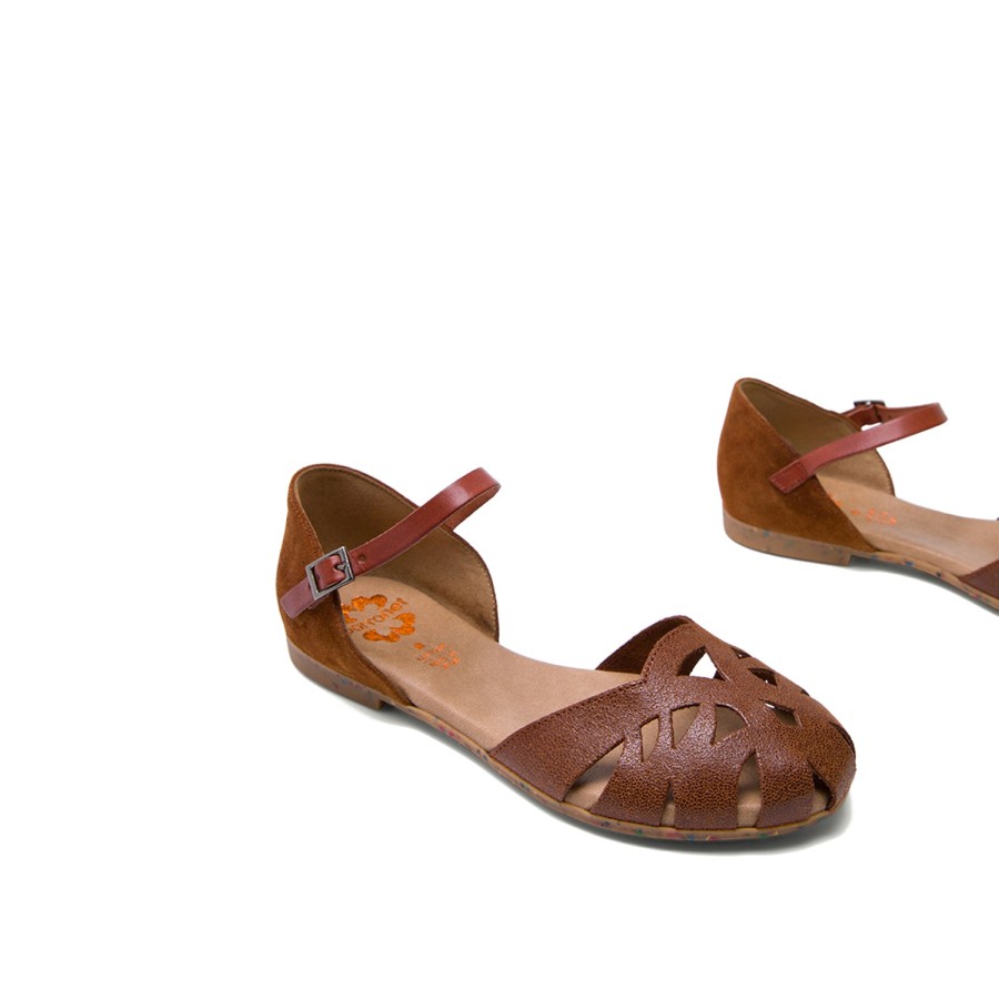 Sandals PORRONET | Brown Leather Flat Sandals With Cut Out Detailed